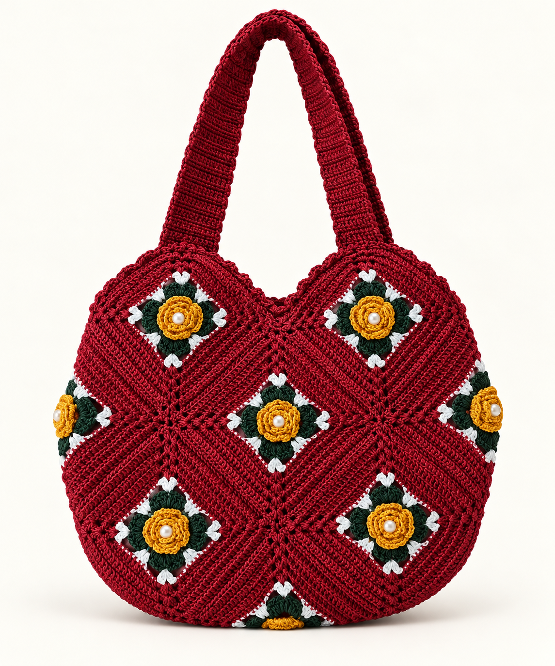 Burgundy crochet tote bag with mustard yellow, forest green, and white floral motifs