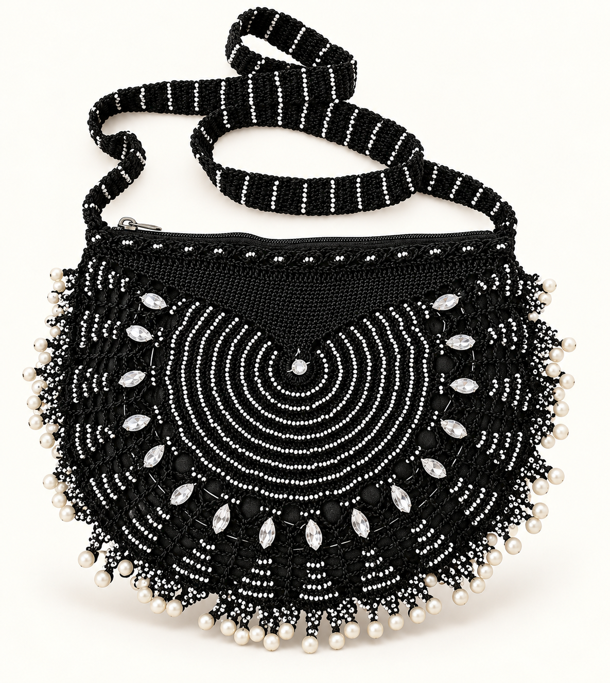 Black beaded crochet fan crossbody bag with white beadwork, crystal-style embellishments, pearl-style edging and long strap