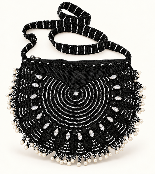 Black beaded crochet fan crossbody bag with white beadwork, crystal-style embellishments, pearl-style edging and long strap