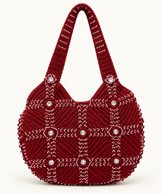 Burgundy red crochet handbag with white bead accents