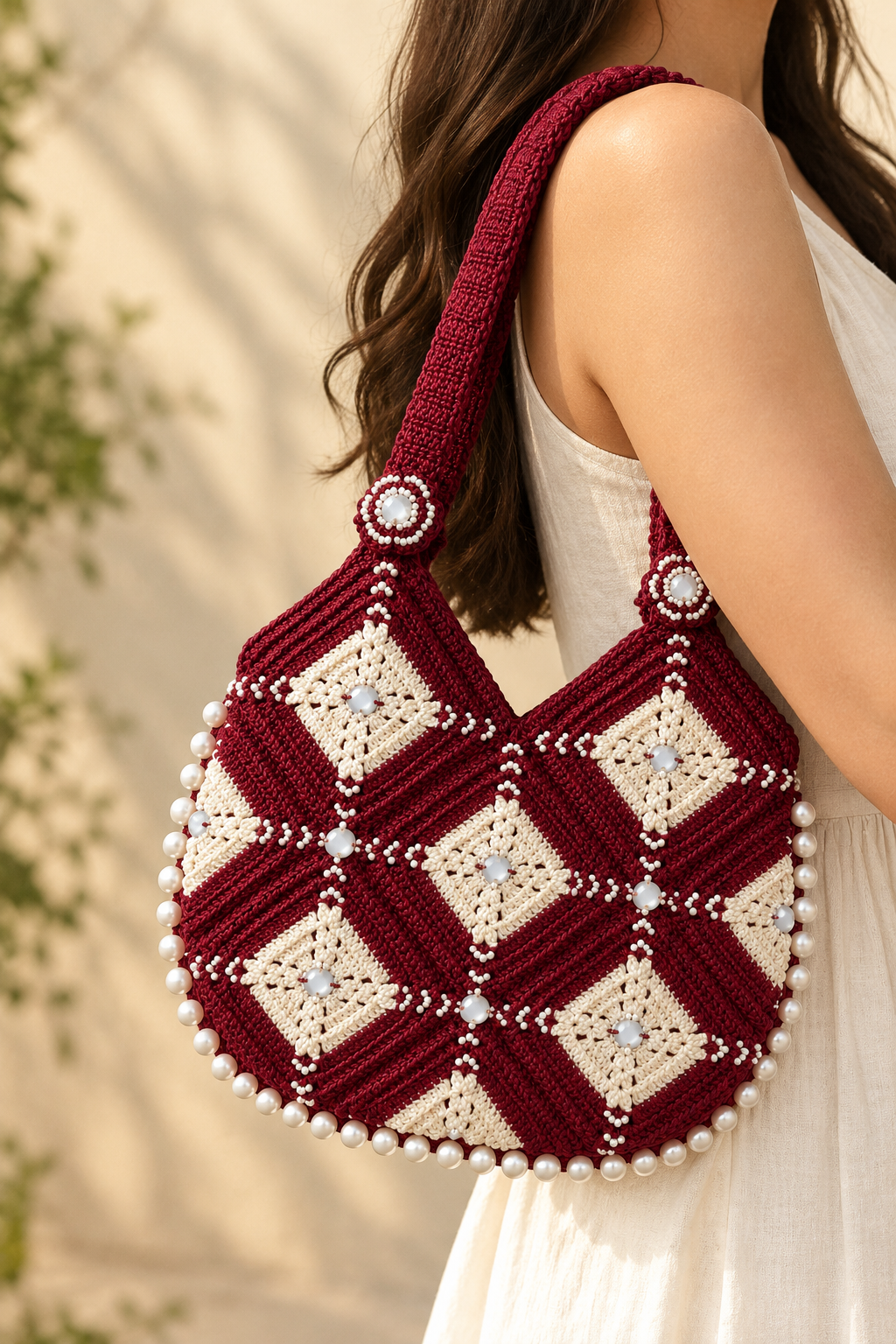Maroon Cream Beaded Crochet Bag