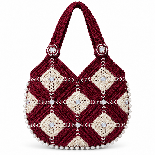 Maroon Cream Beaded Crochet Bag