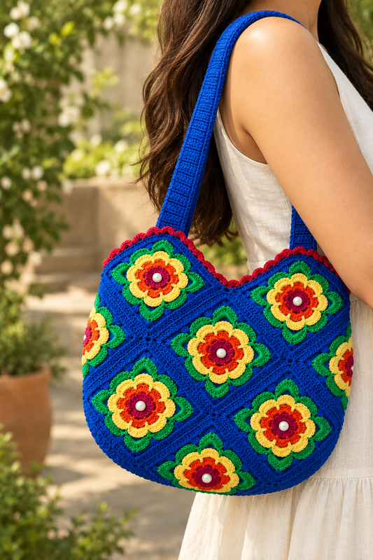 Handmade Blue Crochet Floral Bag