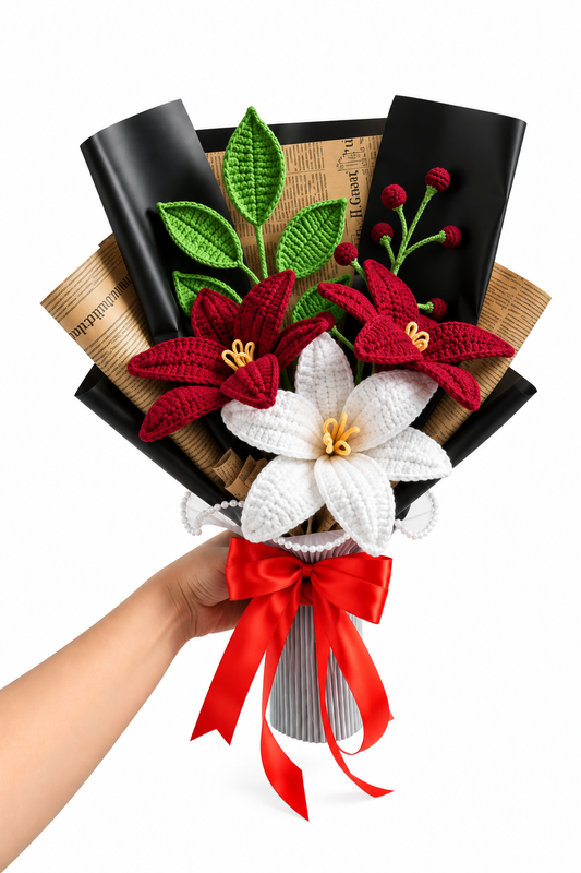 Handcrafted Crochet Lily Bouquet with Red Ribbon