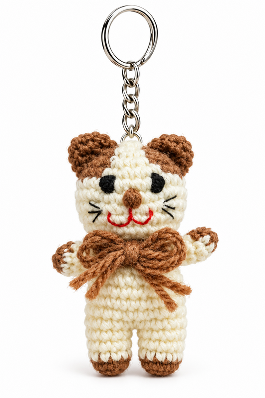 Cream and brown handmade crochet cat keychain with a brown bow