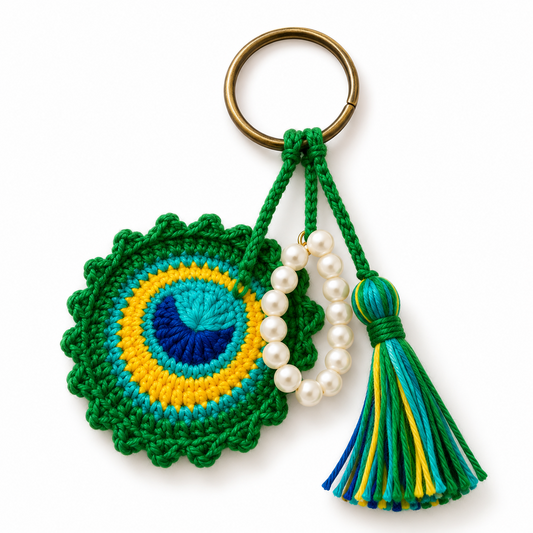 Green and blue crocheted peacock feather keychain with beads and tassel