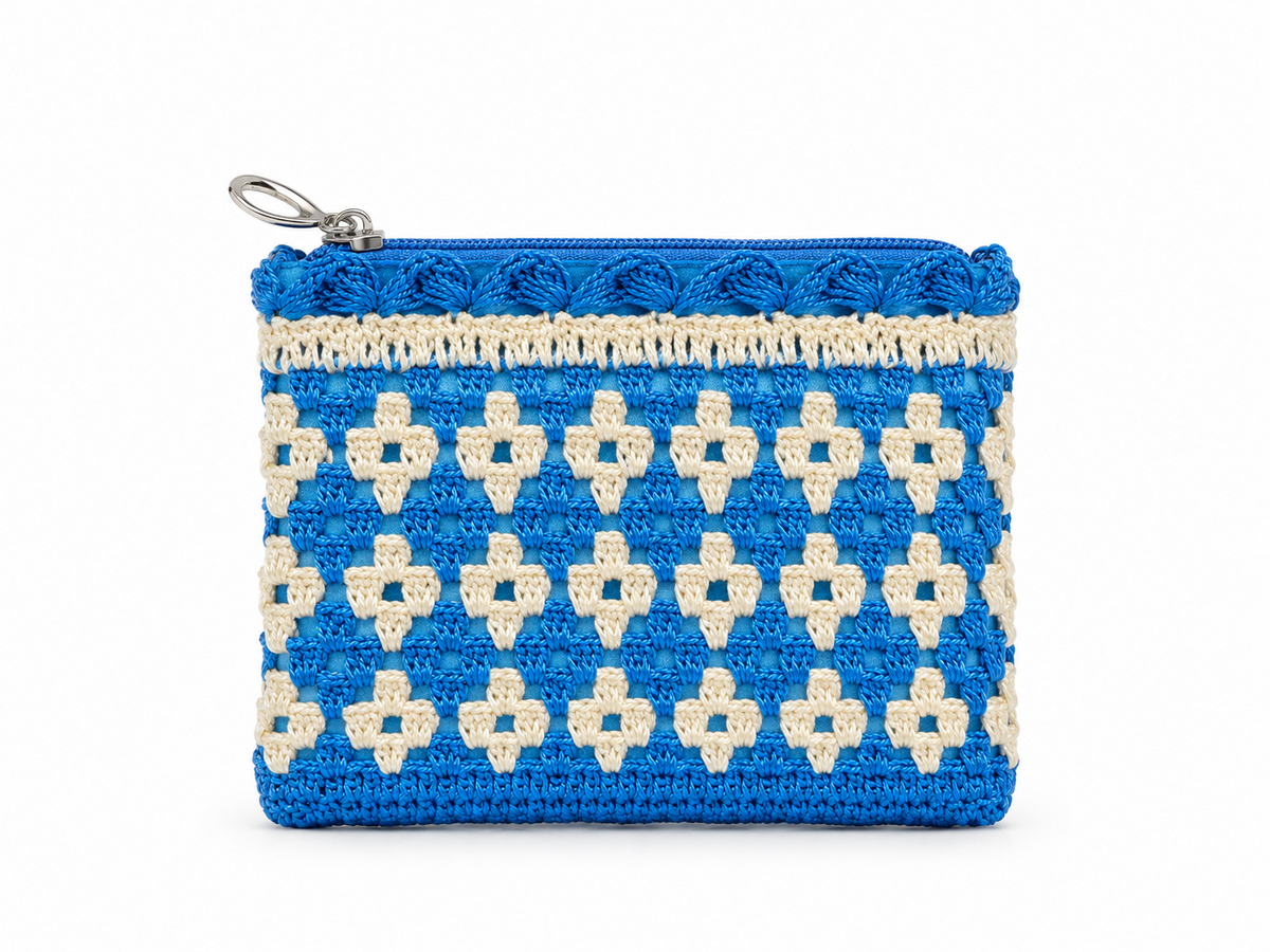 Blue and cream handmade crochet zipper pouch with silver clasp