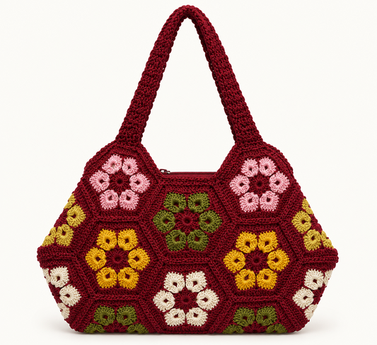 Burgundy handmade crochet shoulder bag with colorful floral granny-square motifs