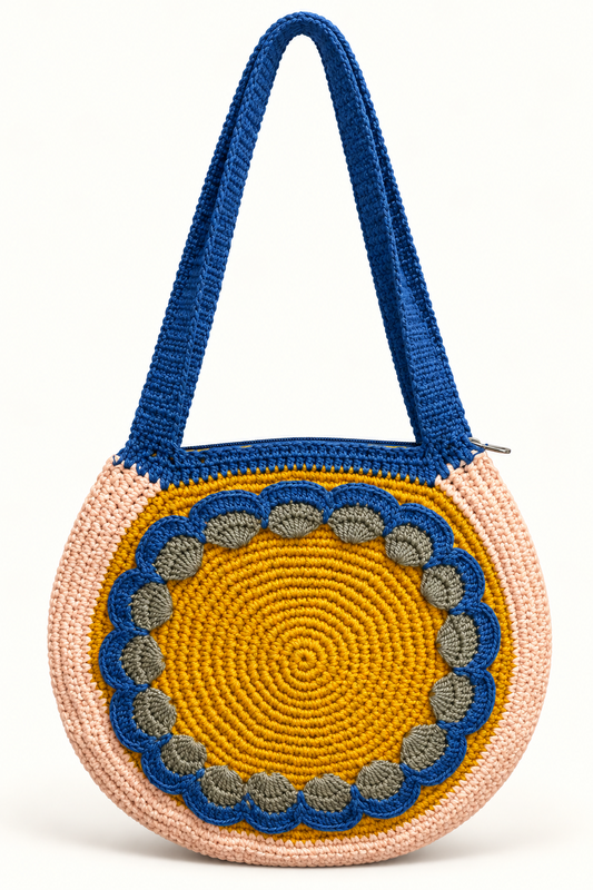 Colorful circular crochet shoulder bag with blue straps, mustard yellow center, gray scalloped detailing, and blush pink border