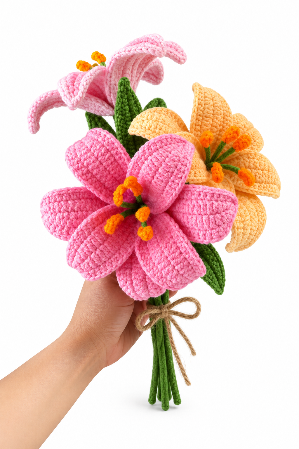 Handmade pink and peach crochet lily bouquet with green stems and rustic twine bow