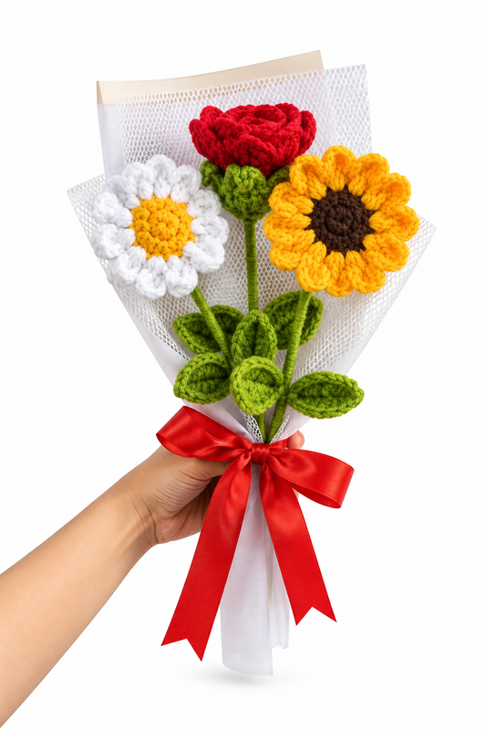 Handmade crochet bouquet with red rose, white daisy, yellow sunflower and red satin bow