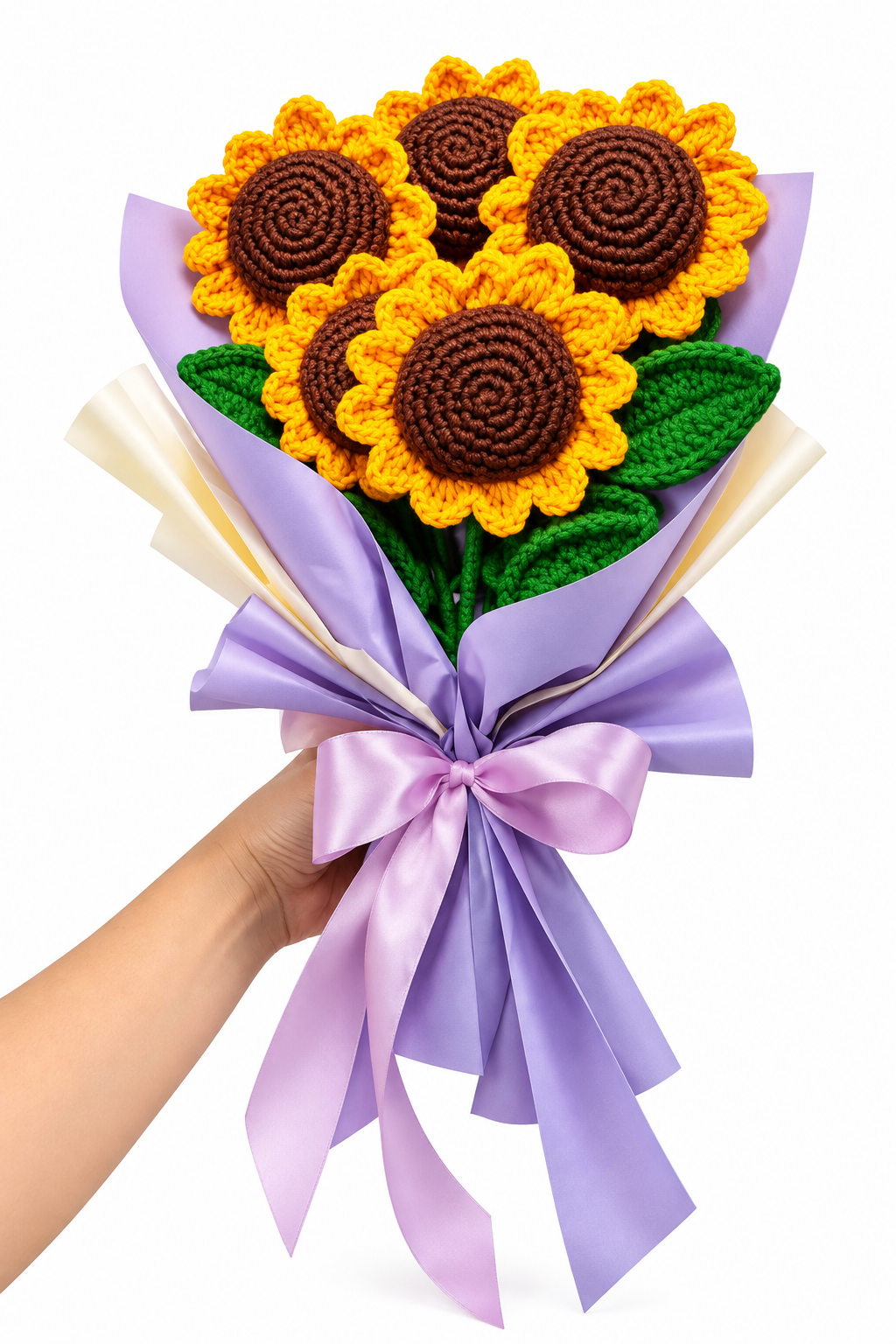 Handmade crochet sunflower bouquet with lavender wrapping and pink bow