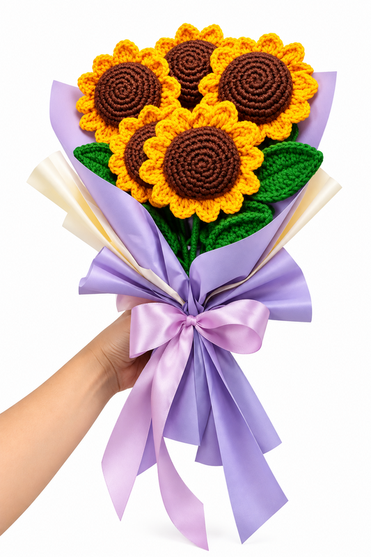 Handmade crochet sunflower bouquet with lavender wrapping and pink bow