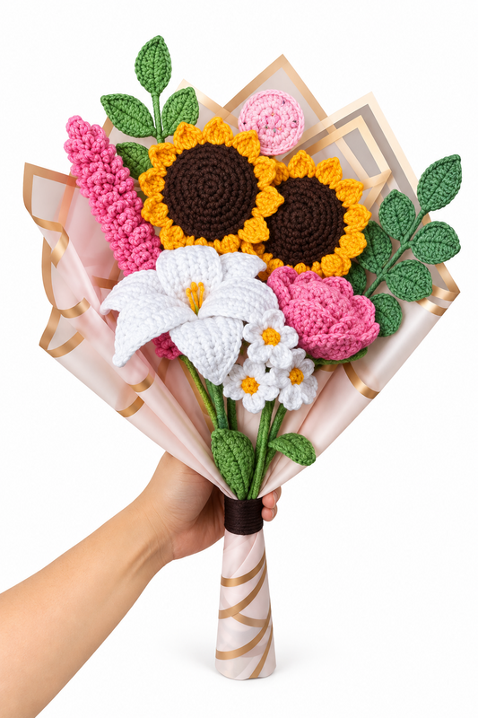 Handmade crochet bouquet with sunflowers, pink flowers, white lily, green leaves, and blush-gold wrapping