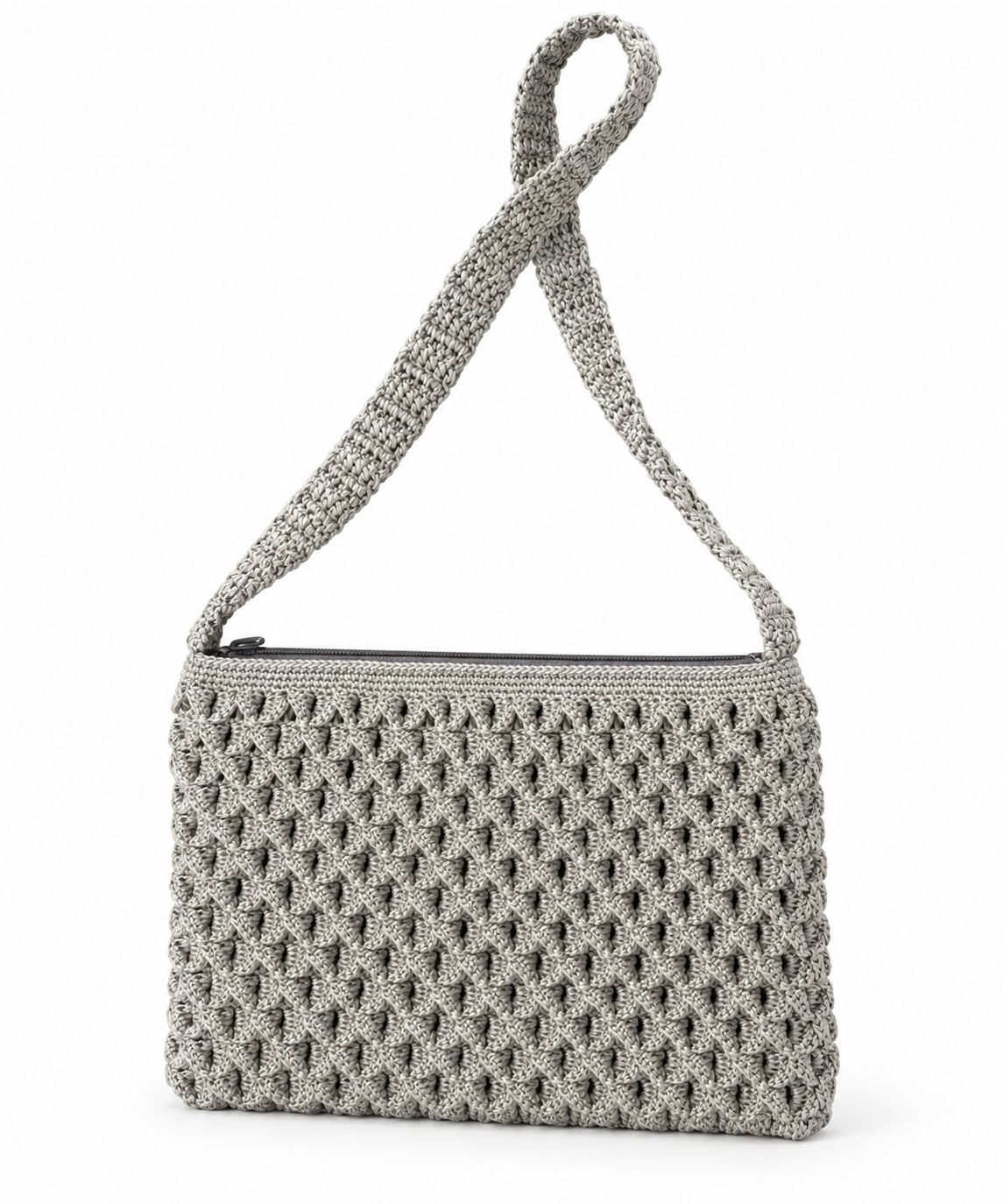 Light grey handmade crochet shoulder bag with textured stitch pattern and zipper closure