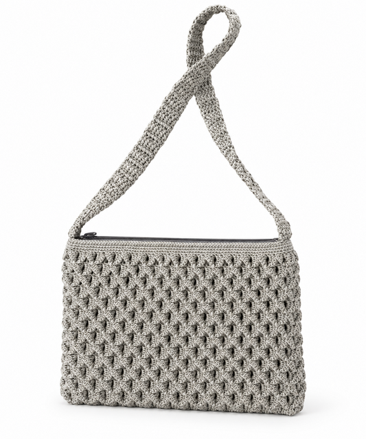 Light grey handmade crochet shoulder bag with textured stitch pattern and zipper closure