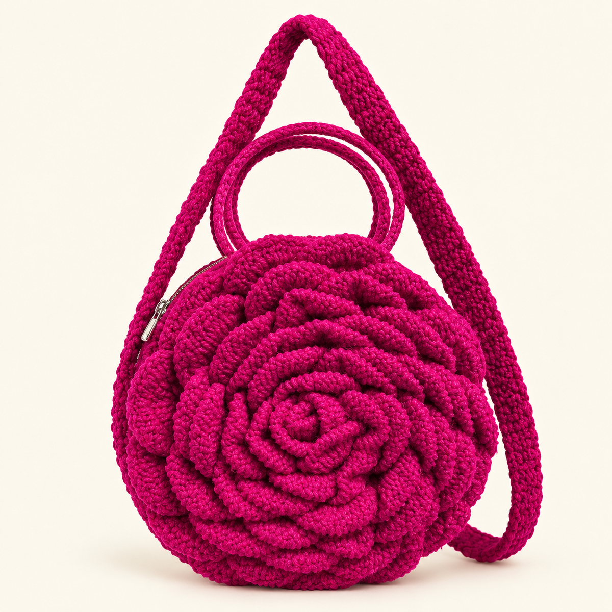 Bright magenta handmade crochet rose shoulder bag