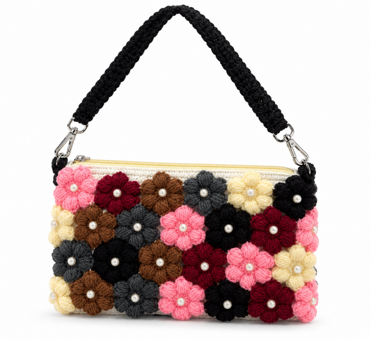 Multicolor crochet flower clutch bag with pearl details and black strap