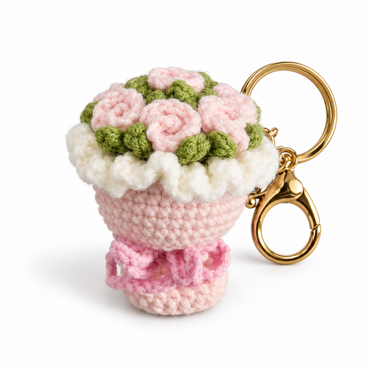 Pastel pink crochet flower bouquet keychain with gold clasp