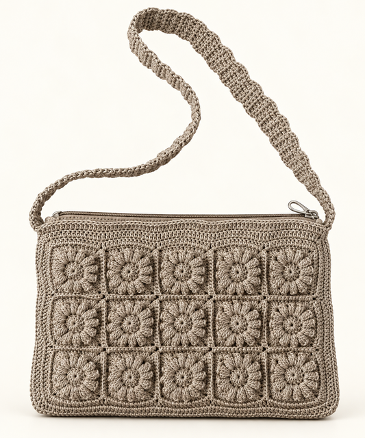 Taupe crochet shoulder bag with raised floral granny-square panels and braided strap